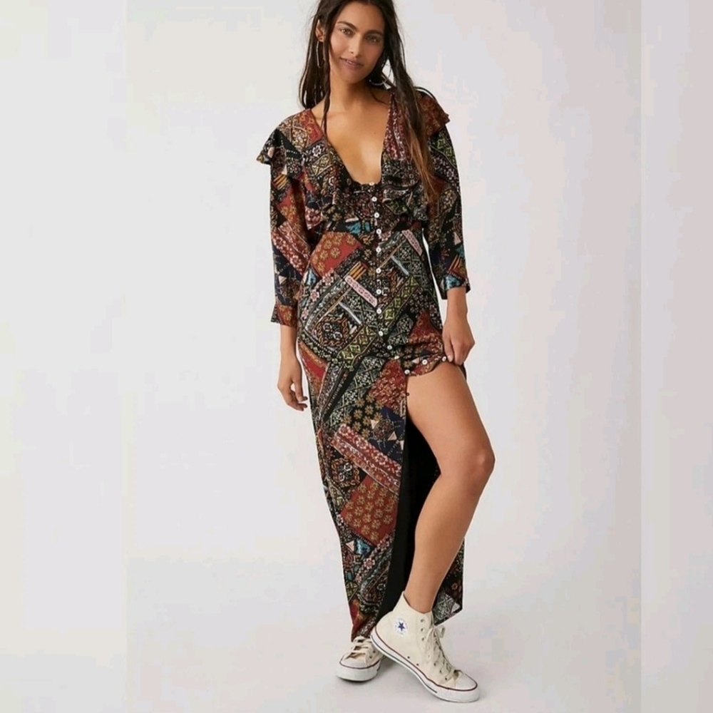 Free People Lennon Maxi Dress Long Sleeve Button Down Front Small
